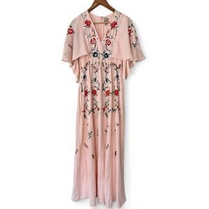 ASOS Boho Floral Embroidered Maxi Dress Pink Festival Spring Size 2
